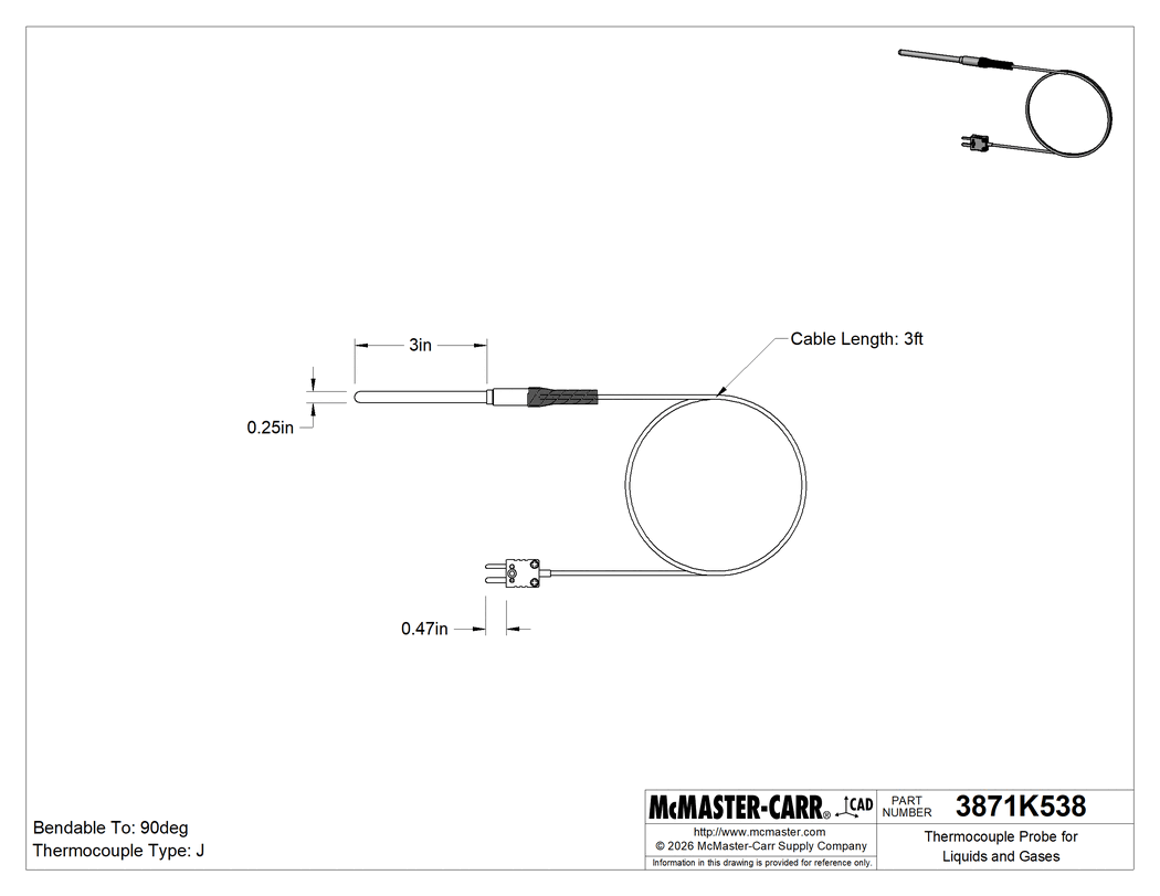 Technical Drawing of Thermocouple Probe for Liquids and Gases, Type J, Flat-Pin Mini, with Cable, 3" Long x 1/4" Diameter Probe.